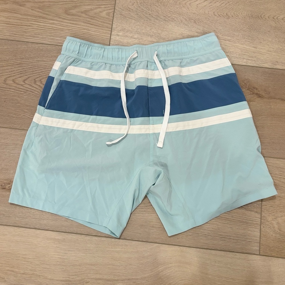 Faherty Lined Light Blue Swim Shorts with Navy Stripe